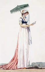 Elegante zomerkleding voor dames met parasol, door Delacourt, 1770