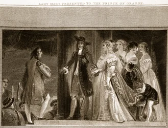 Lady Mary gepresenteerd aan de Prins van Oranje, illustratie uit David Humes The History of England, uitgegeven door R. Bowyer, Londen, 1812