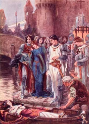 Lancelot kijkt naar de dode Lady of Shalott bij haar aankomst in Camelot. Gekleurde illustratie uit het boek The Gateway to Tennyson, gepubliceerd in 1910.
