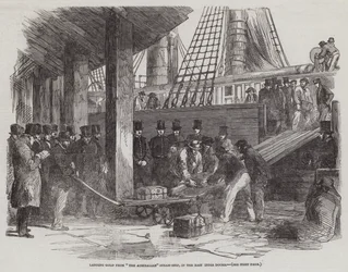 Goud lossen van "The Australian" stoomschip, in de East India Docks