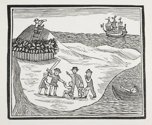 Landing van muitende bemanning op eiland, illustratie uit Chap-books van de achttiende eeuw door John Ashton, uitgegeven 1882