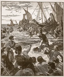 Landing van de Romeinen aan de kust van Kent, illustratie uit Cassells Illustrated History of England