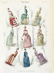 Laatste Parijse Mode, negen dagjurken in een modeplaat uit een supplement van The Queen, mei 1885