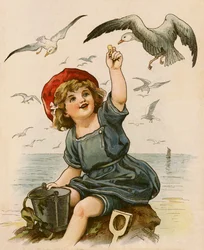 Klein meisje voedt meeuwen