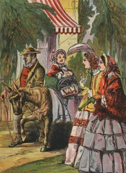 Meisje op ezel (kleurenlitho)