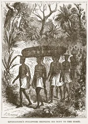 Livingstones volgelingen brengen zijn lichaam naar de kust, illustratie uit The Pictorial Edition of the Life and Discoveries of David Livingstone door J. Ewing Richie, uitgegeven door A. Fullarton & Co., 1876