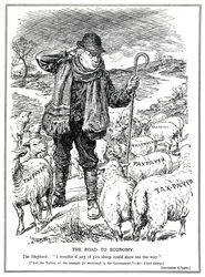 Lloyd George als de herder van Groot-Brittannië vraagt de belastingbetalers (schapen) om het herstel van de economie te leiden, december 1920