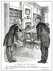 Lloyd George betreedt een kabinetkamer zonder ministers die bezig zijn met het schrijven van artikelen voor de kranten, augustus 1920