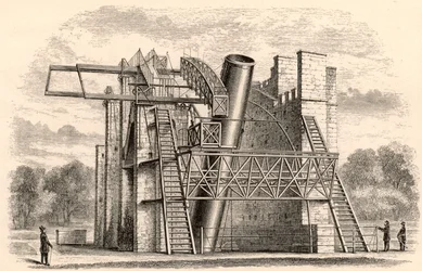 Lord Rosses grote reflecterende telescoop, uit A Handbook of Descriptive Astronomy door George F. Chambers, gepubliceerd in Oxford, 1890