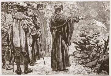 Luther die de pauselijke bul verbrandt, illustratie uit The History of Protestantism door James Aitken Wylie (1808-1890), gepubliceerd 1878