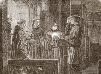 Luther die het Augustijner klooster binnengaat, illustratie uit The History of Protestantism door James Aitken Wylie (1808-1890), gepubliceerd 1878