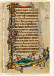 Een hond en konijn die aan het toernooi zijn, marginale decoratie uit de Macclesfield Psalter, Gebruik van Sarum, Oost-Anglia, ca. 1330