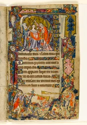 MS 1-2005, fol. 39r: De zalving van David en trompetters, gehistorieerde initiaal uit de Macclesfield Psalter, Gebruik van Sarum, Oost-Anglia, c.1330