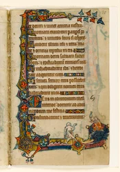 MS 1-2005, fol. 98r: Een bedelaar en een rijke varken (?), marginaal decor uit de Macclesfield Psalter, Gebruik van Sarum, Oost-Anglia, c.1330