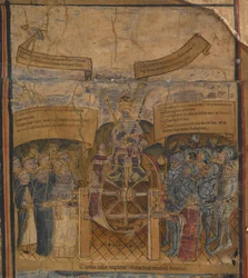 Edward IV (1442-83) op het Rad van Fortuin, geflankeerd door de Hertogen van Clarence en Gloucester en vertegenwoordigers van de Kerk en het Leger, uit 
