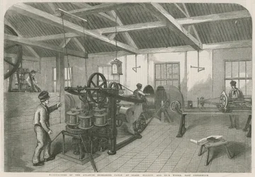Fabricage van de Atlantische onderzeese kabel bij Glass Elliott en Co.