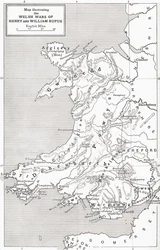 Kaart die de Welshe oorlogen van Willem Rufus en Hendrik I illustreert, uit 
