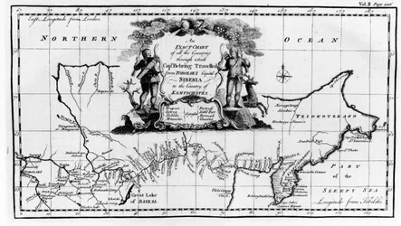 Kaart van de route die Vitus Bering (1681-1741) door Siberië naar Kamtsjatka volgde, uit Navigantium atque Itinerantium Bibliotheca, gepubliceerd in 1744
