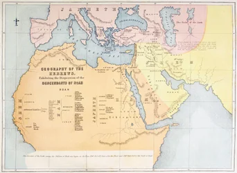 Kaart die de geografie van de Hebreeën toont en de verspreiding van de nakomelingen van Noach