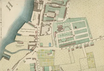 Kaart, met de locatie van Vauxhall-tuinen, Londen