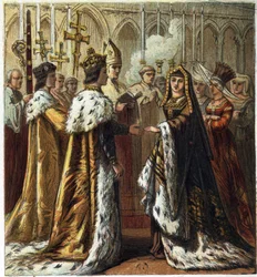Huwelijk van Hendrik VII, koning van Engeland (1457-1509) met Elizabeth van York (1466-1503) op 18 januari 1486. Huwelijk van Hendrik de Zevende en Elizabeth van York. Chromolithografie in 