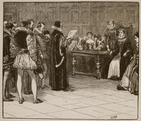 Mary Queen of Scots ontvangt bericht van haar vonnis, illustratie uit Cassells Geïllustreerde Geschiedenis van Engeland