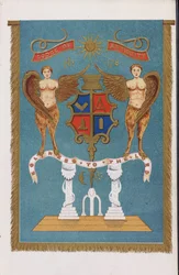 Embleem van een vrijmetselaarsloge met wapen en engelen