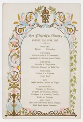 Menu voor het diner van koningin Victoria op maandag 21 juni 1897, de dag voor haar diamanten jubileum