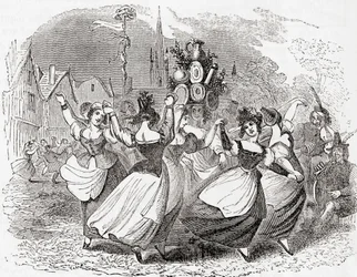 Melkmeisjesdans, met stapel borden, May Day, Engeland, uit Old England: A Pictorial Museum, pub. 1847