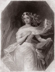 Miranda (De Storm) in - "Galerie des femmes de Shakespeare, collectie van vijfenveertig serieuze portretten door de eerste kunstenaars van Londen, verrijkt met kritische en literaire opmerkingen" rond 1838 - uit "Gallery of the women of Shakespeare"