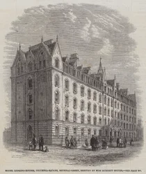 Modelwoningen, Columbia-Square, Bethnal-Green, opgericht door Miss Burdett Coutts (gravure)