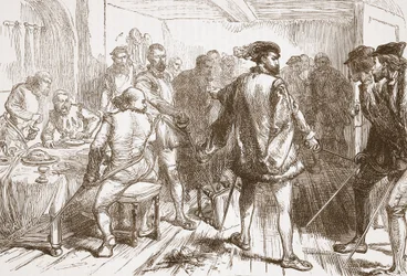 De bende van Moucharis valt de protestanten aan in de herberg in de Faubourg St. Germain, illustratie uit De Geschiedenis van het Protestantisme door James Aitken Wylie, gepubliceerd in 1878