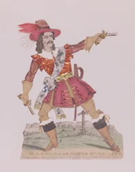 De heer N.T. Hicks in de gedaante van de Franse struikrover Claude Duval (1643-70) (gravure en collage)