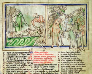 Ms.Ee.3.59 fol.6r Harald Harefoot houdt toezicht op de marteling van Alured en de Onderdrukking van het Volk van Engeland, uit het Leven van St. Edward de Belijder, c.1250-60