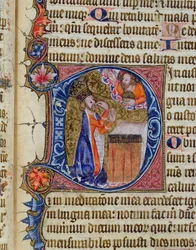 Psalm 38, David wijst naar zijn mond, uit de Ramsey Abbey Psalter, ca.1380