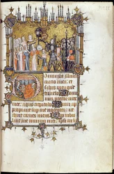 David aan het hoofd van een processie met het hoofd van Goliath op een lans, uit de Bohun Psalter, c.1370