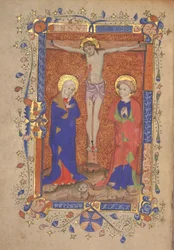 Ms 515 fol.108r Kruisiging met St. Maria en St. Johannes de Doper, uit het Missaal van St. Botolph Aldersgate, c.1420-30