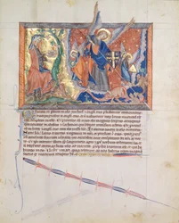 De vrouw verborgen in de woestijn terwijl Aartsengel Michaël de draak bevecht in de hemel, uit de Gulbenkian Apocalyps, c.1265-70