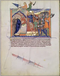 Ms L.A. 139-Lisboa fol.66 De Goddelijke Strijder leidt een leger tegen degenen die de gelovigen aanvallen, uit de Gulbenkian Apocalyps, ca. 1265-70
