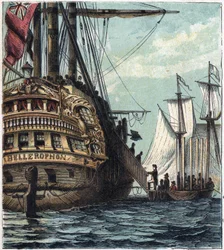 Napoleon I wordt aan de Engelsen overgeleverd. Inscheping van Napoleon naar Sint-Helena aan boord van de Bellerophon op 15 juli