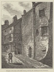 Newgate aan het einde van de 18e eeuw, met de aalmoezenkist voor arme gevangenen