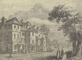 Oude huizen tegenover het college (gravure)