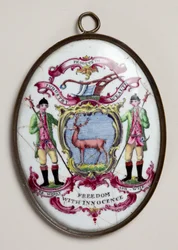 Ovaal medaillon voor de Society of Bucks, met twee boswachters die een schild met een hert ondersteunen