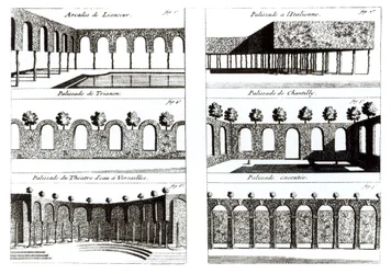 Palisadeontwerpen, uit Theory and Practice of Gardening, door Antoine-Joseph Dezallier DArganville (1680-1765), gepubliceerd c.1709