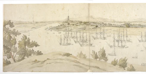 Panorama (linkerhelft) van Whampoa vanaf Dane Island, met Britse en Amerikaanse schepen in de ankerplaats