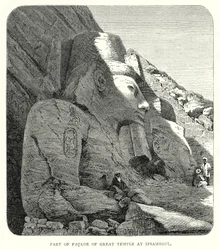 Deel van gevel van grote tempel in Ipsamboul (gravure)