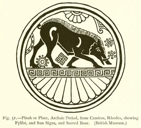 Pinak of bord, archaïsche periode, van Camiros, Rhodos, met fylfot, zonnetekens en heilig everzwijn