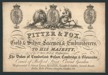 Pitter en Fox, Goud- en Zilverkantwerkers en Borduurders, Bedford Street, Covent Garden, handelskaart