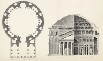 Plattegrond en aanzicht van het Pantheon in Rome, uit De Nationale Encyclopedie, uitgegeven door William Mackenzie, Londen, eind 19e eeuw