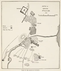 Plan van de Slag bij Bithoor, 16 augustus 1857, uit Cassells Geïllustreerde Geschiedenis van Engeland